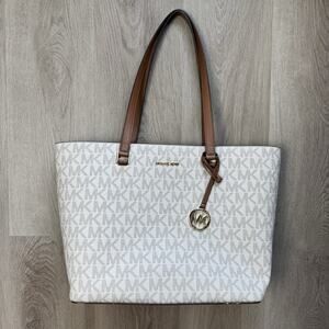 Michael Kors Savannah Saffiano Leather Logo Satchel Tote White Brown Gold